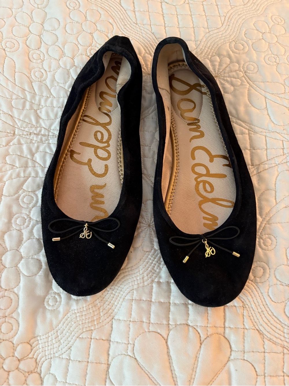 Sam Edelman Black Suede Ballet Flats with Gold Logo Charm size  10W